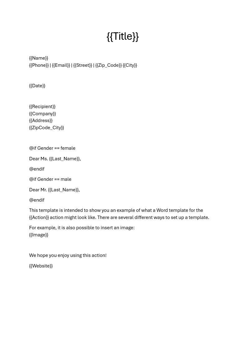 Word template with defined Word placeholders